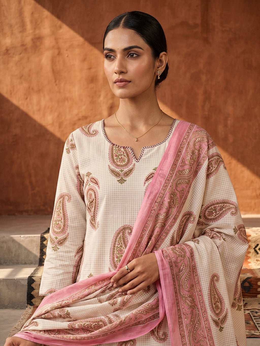 Pink Printed Cotton Blend Straight Suit Set With Dupatta