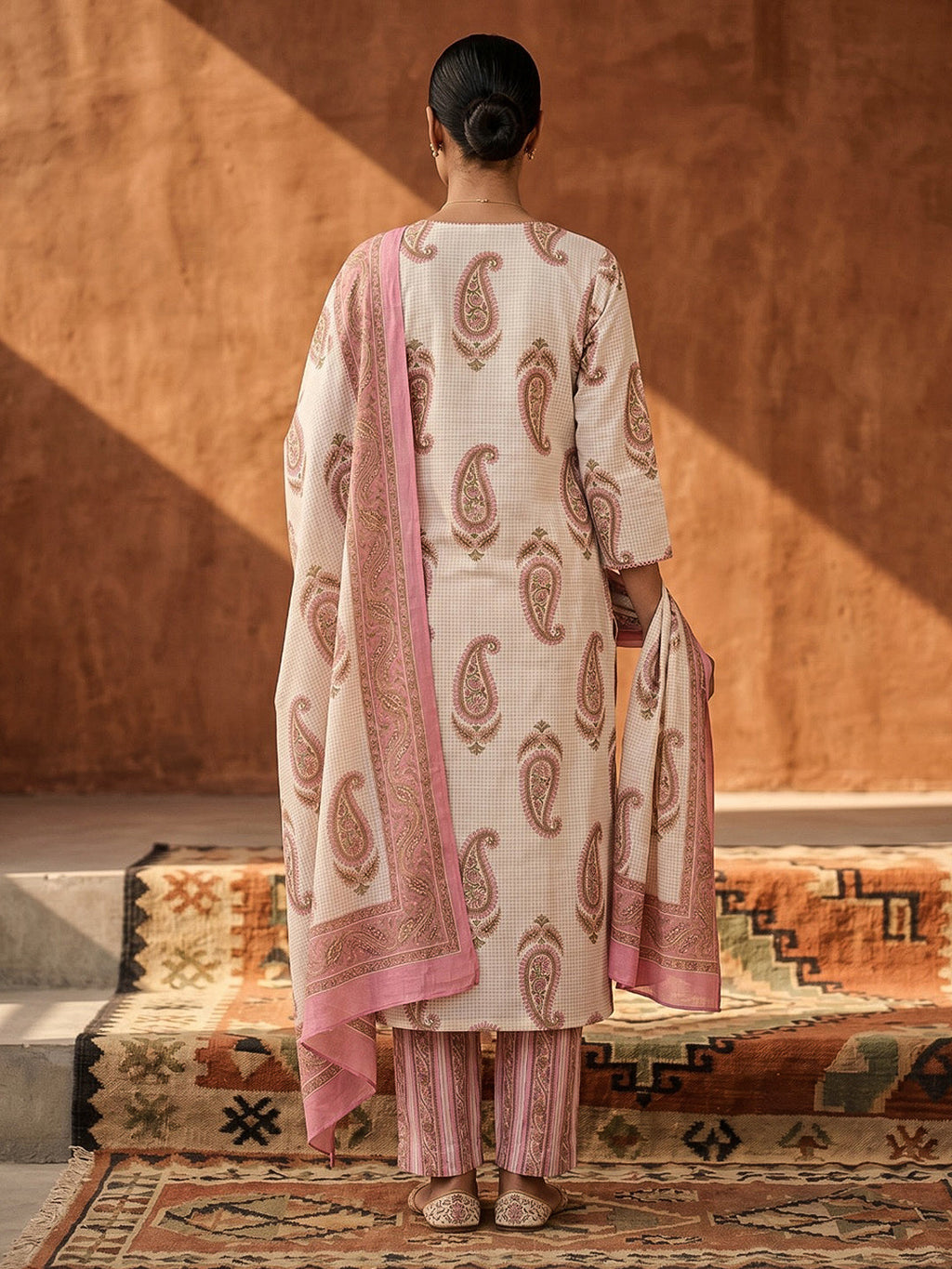 Pink Printed Cotton Blend Straight Suit Set With Dupatta