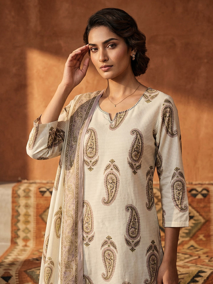 Purple Printed Cotton Blend Straight Suit Set With Dupatta
