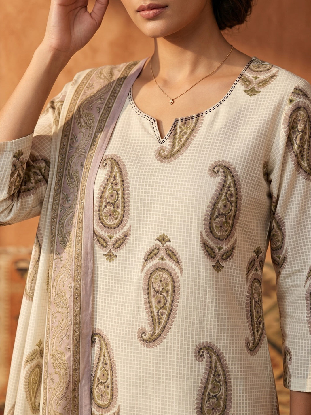 Purple Cotton Blend Printed Straight Suit Set