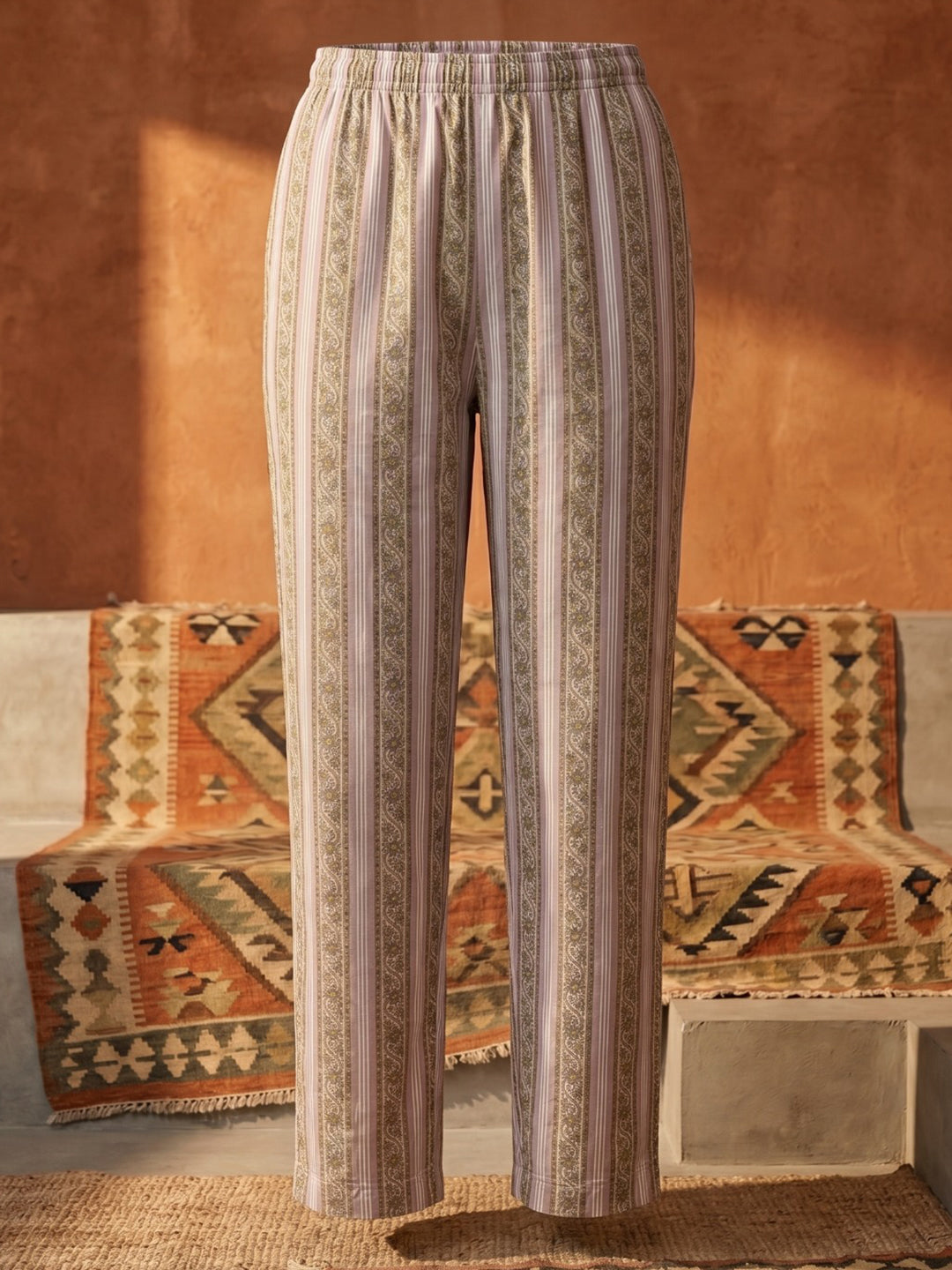 Purple Cotton Blend Printed Straight Suit Set