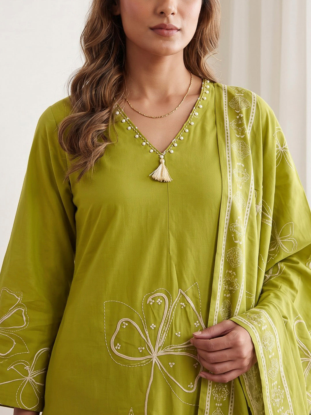 Green Printed Cotton Blend Kurta With Pant &amp; Dupatta