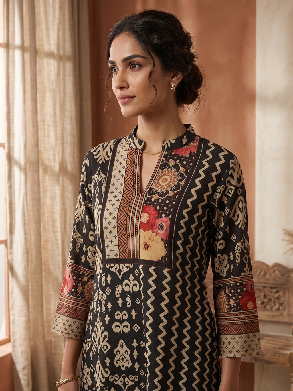 Black Printed Cotton Blend Round Neck Kurta With Pant