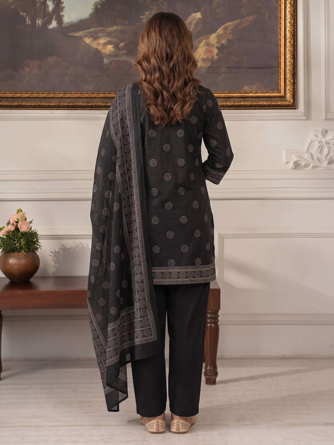 Black Embroidered Cotton Blend Kurta With Pant &amp; Dupatta