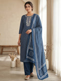 Blue Printed Cotton Blend Kurta With Pant & Dupatta