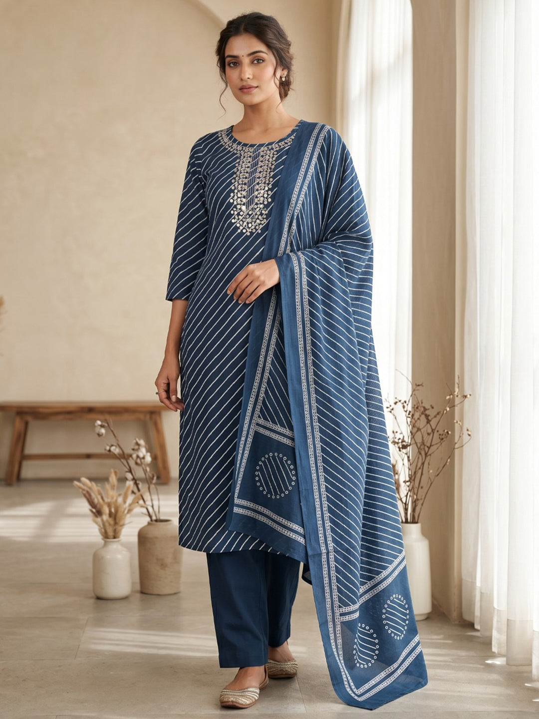 Blue Printed Cotton Blend Kurta With Pant & Dupatta