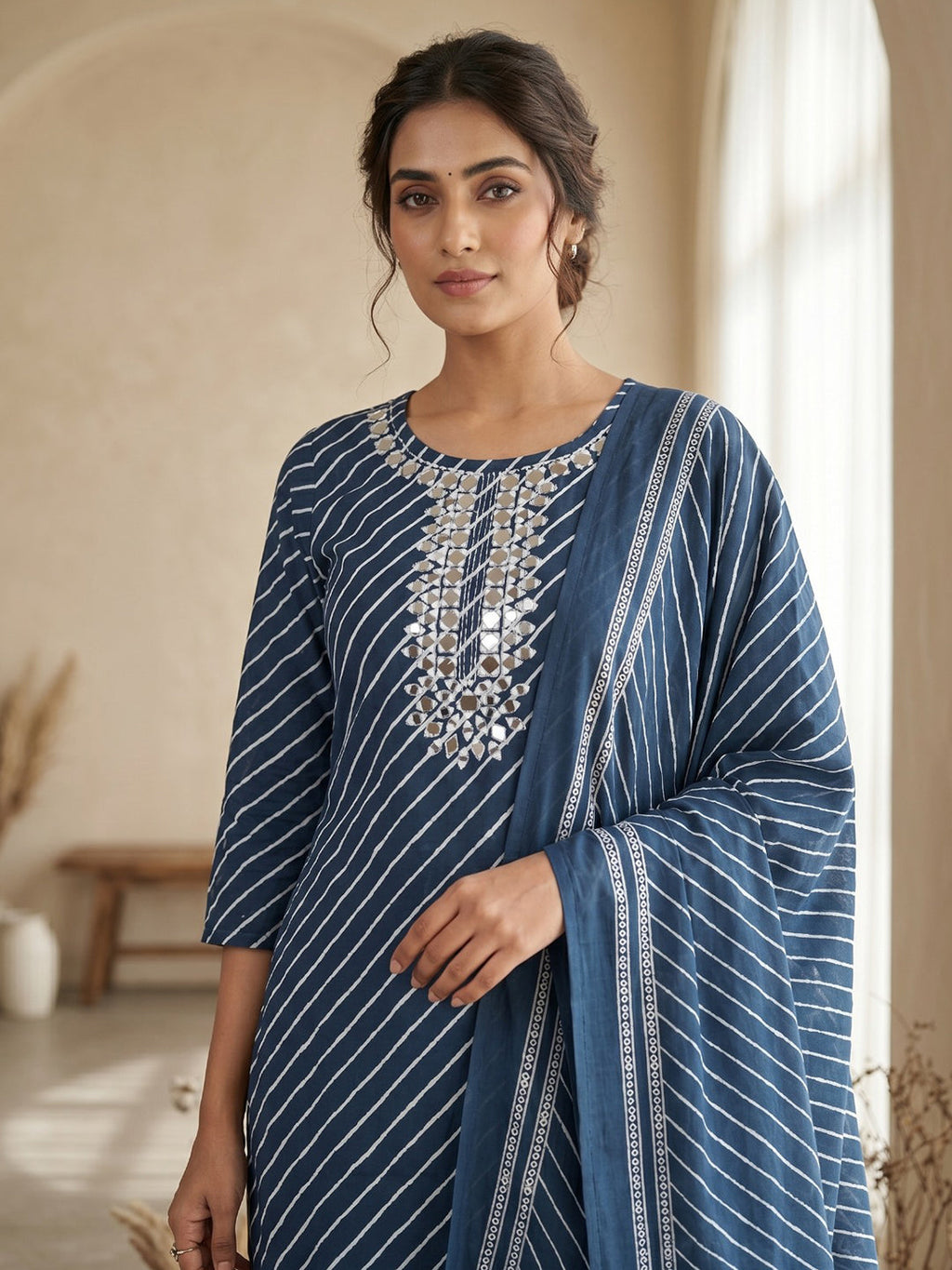 Blue Printed Cotton Blend Kurta With Pant & Dupatta