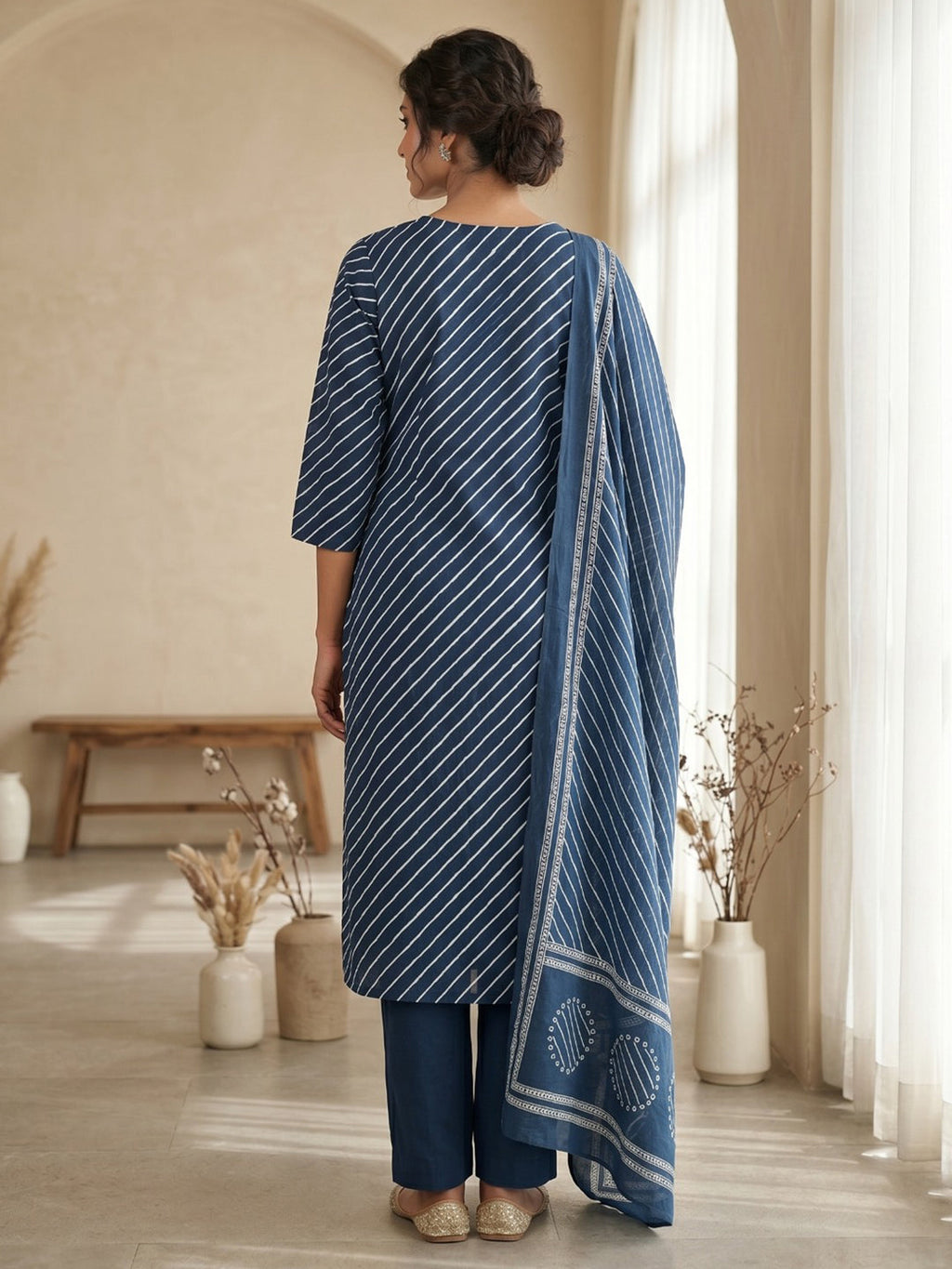 Blue Printed Cotton Blend Kurta With Pant & Dupatta