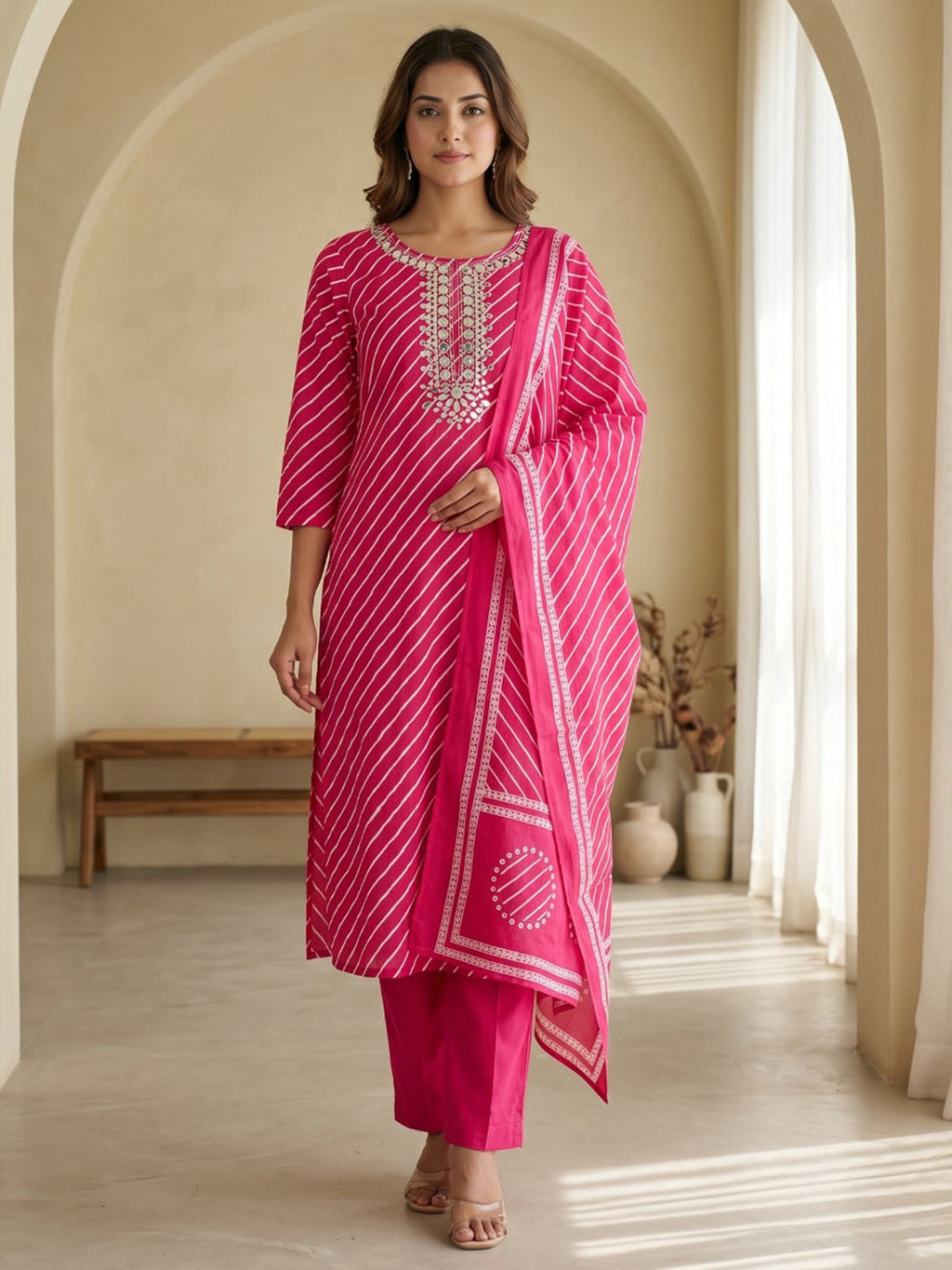 Rani Printed Cotton Blend Kurta With Pant & Dupatta