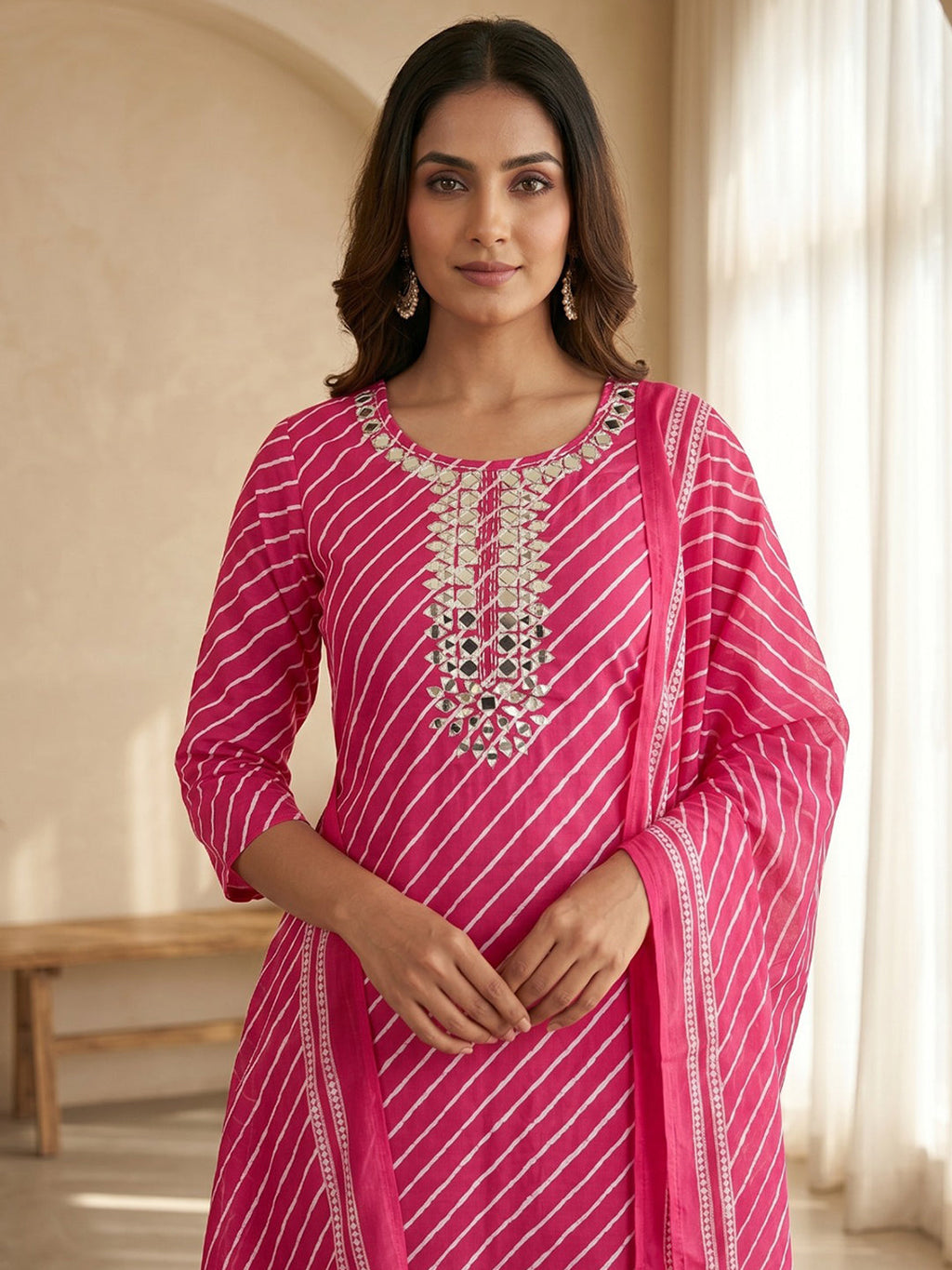 Rani Printed Cotton Blend Kurta With Pant & Dupatta