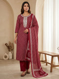 Red Printed Cotton Blend Kurta With Pant & Dupatta