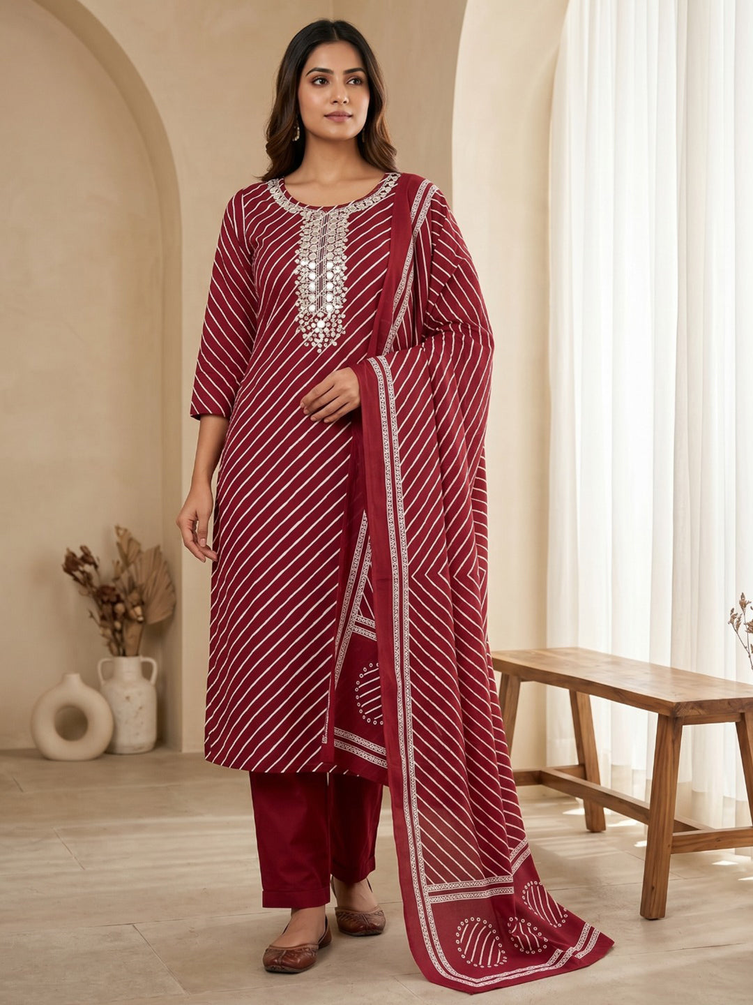 Red Printed Cotton Blend Kurta With Pant & Dupatta