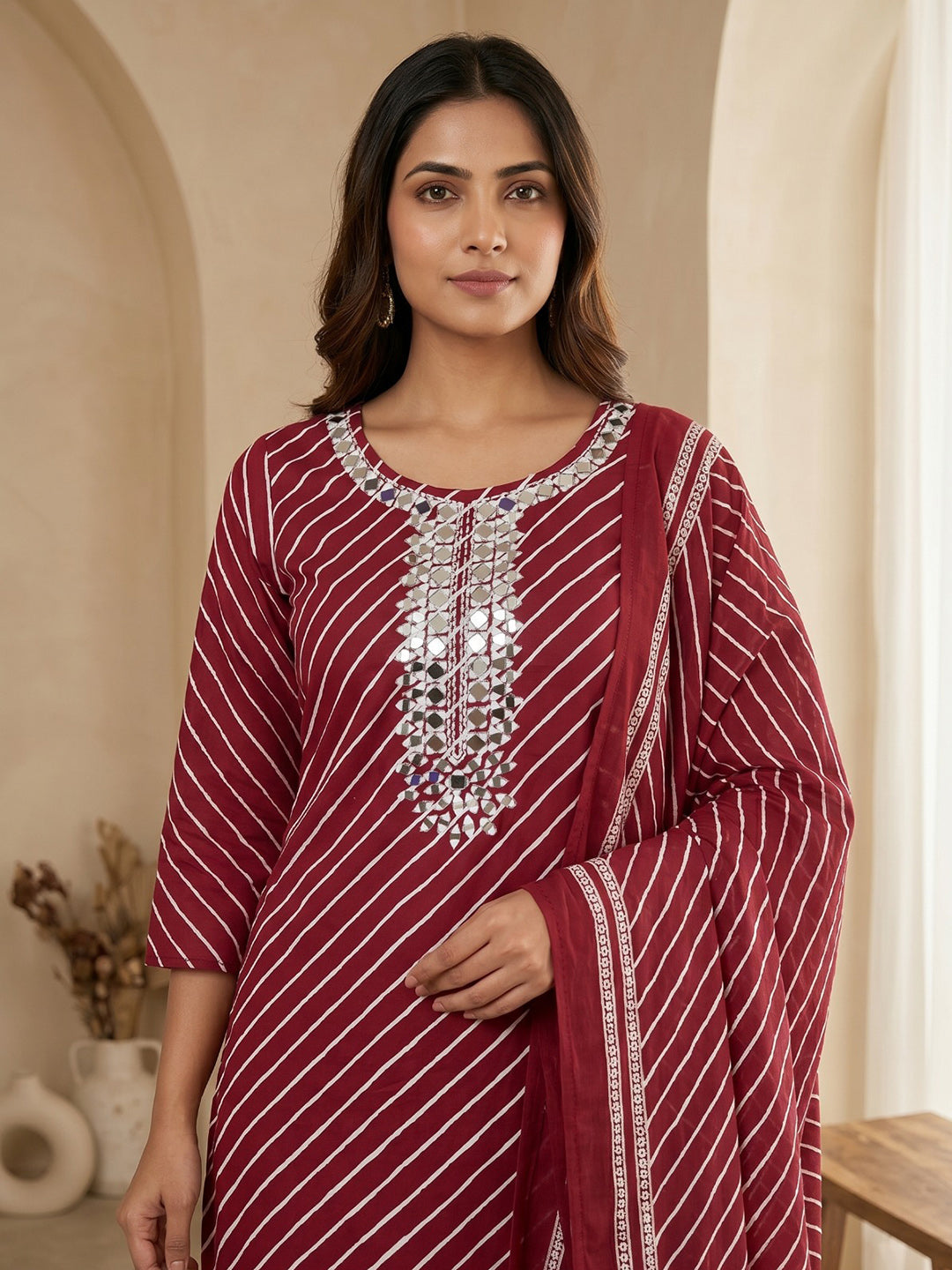 Red Printed Cotton Blend Kurta With Pant & Dupatta