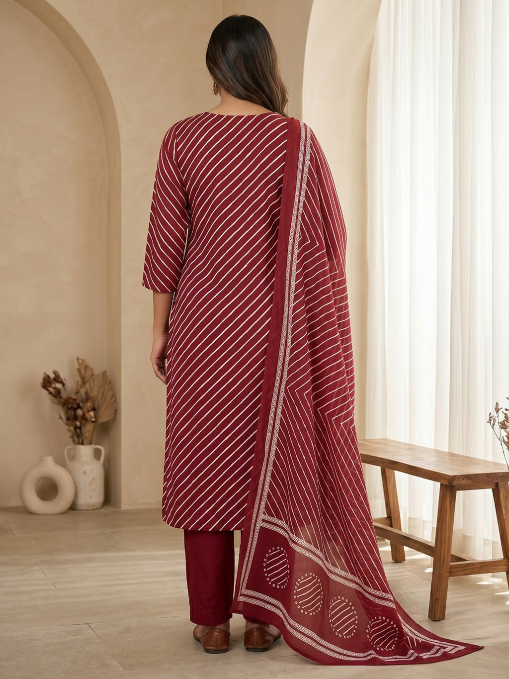 Red Printed Cotton Blend Kurta With Pant & Dupatta