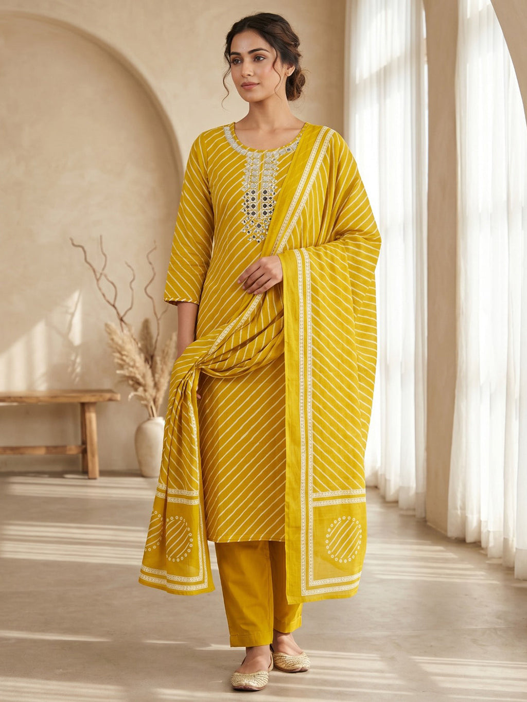 Yellow Printed Cotton Blend Kurta With Pant & Dupatta