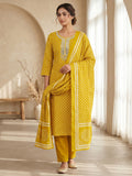 Yellow Printed Cotton Blend Kurta With Pant & Dupatta