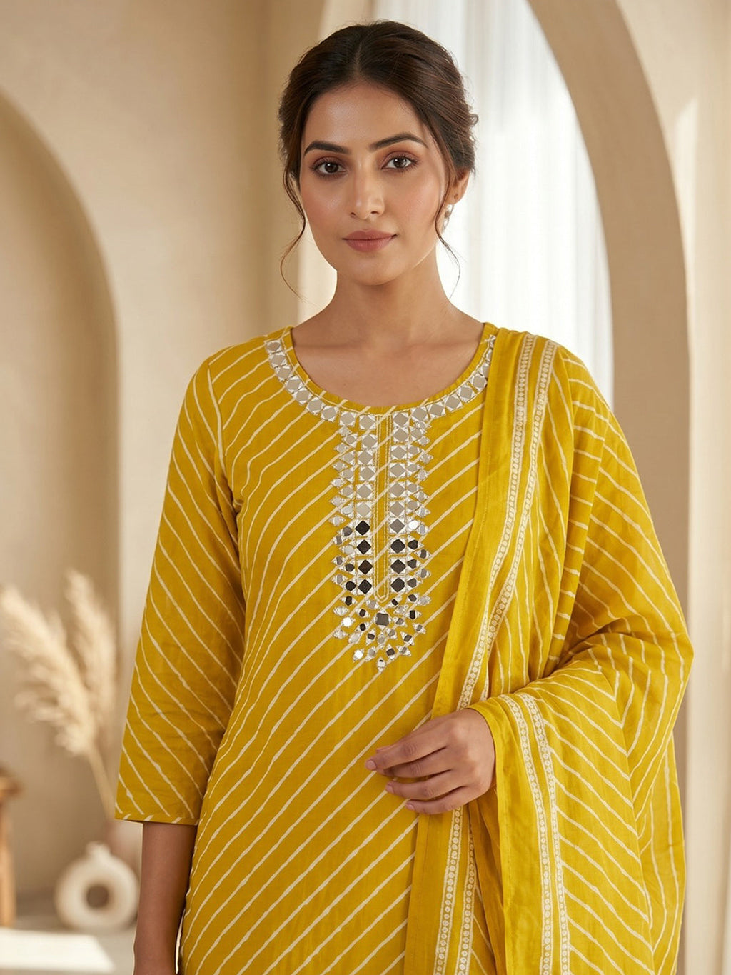 Yellow Printed Cotton Blend Kurta With Pant & Dupatta