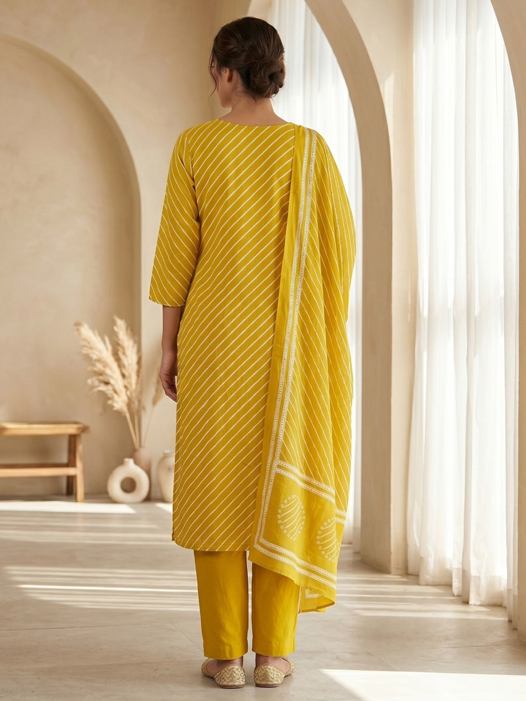 Yellow Printed Cotton Blend Kurta With Pant & Dupatta