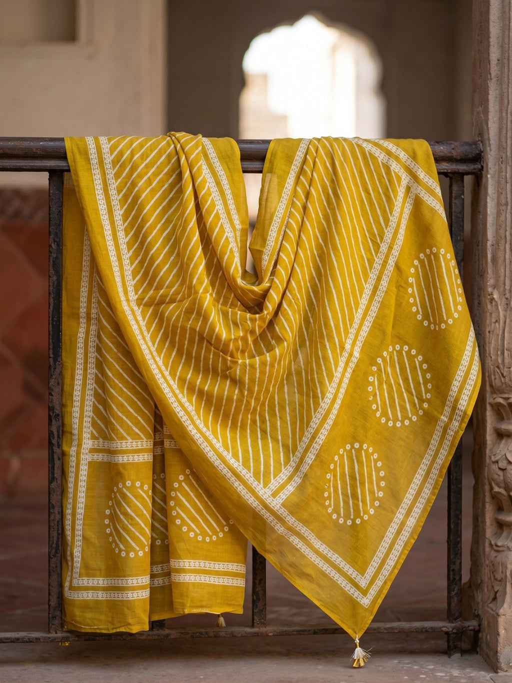 Yellow Printed Cotton Blend Kurta With Pant & Dupatta