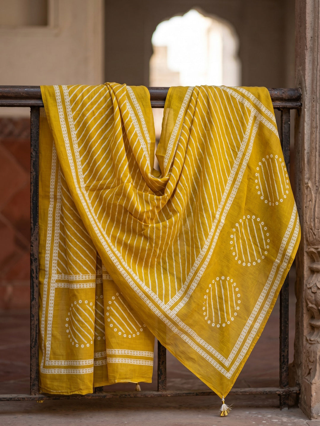 Yellow Printed Cotton Blend Kurta With Pant & Dupatta