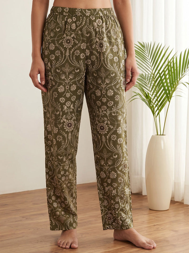 Green Printed Cotton Blend Kurta With Pant &amp; Dupatta