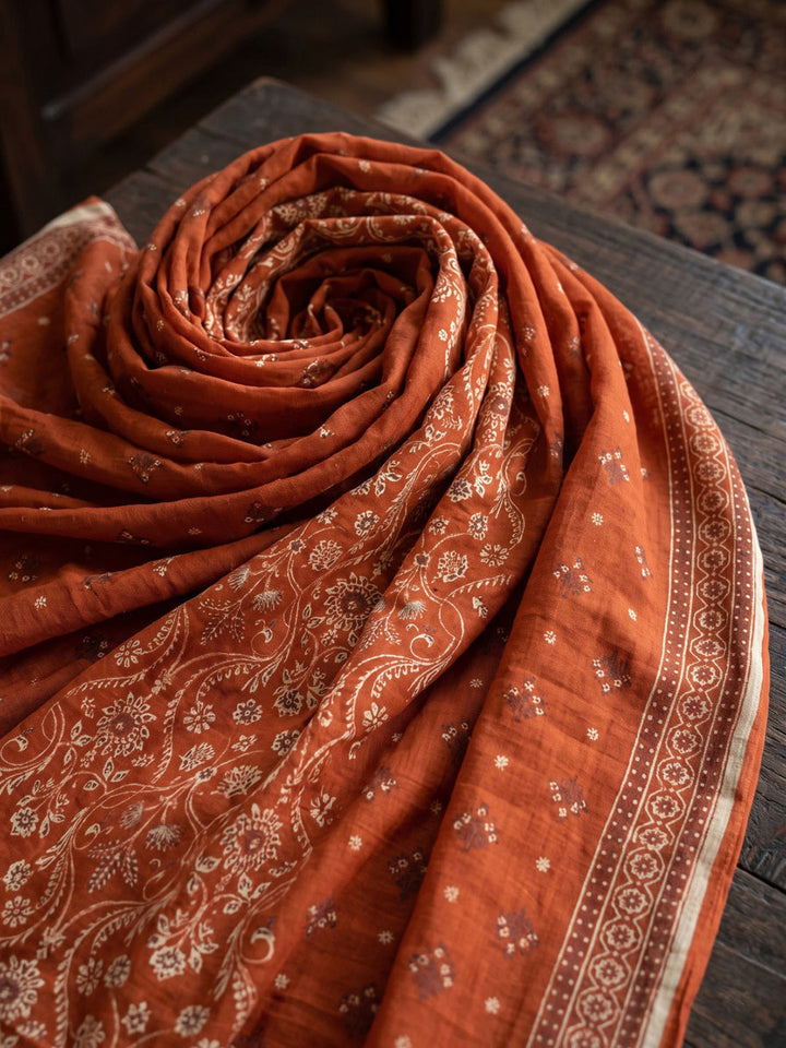 Rust Printed Cotton Blend Kurta With Pant &amp; Dupatta