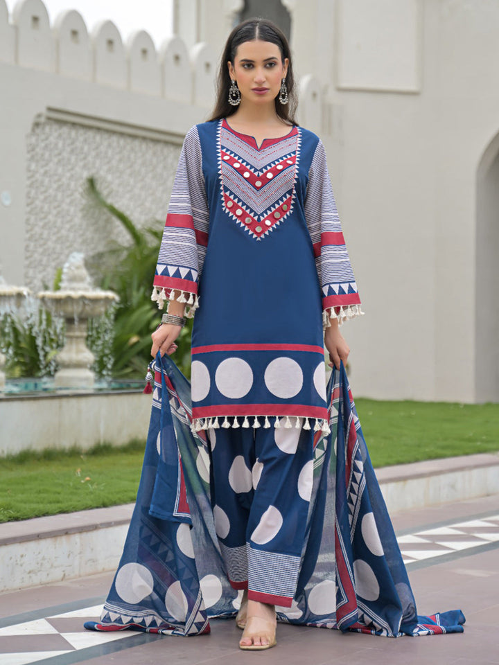 Blue Embroidered Cotton Blend Kurta With Pant &amp; Dupatta