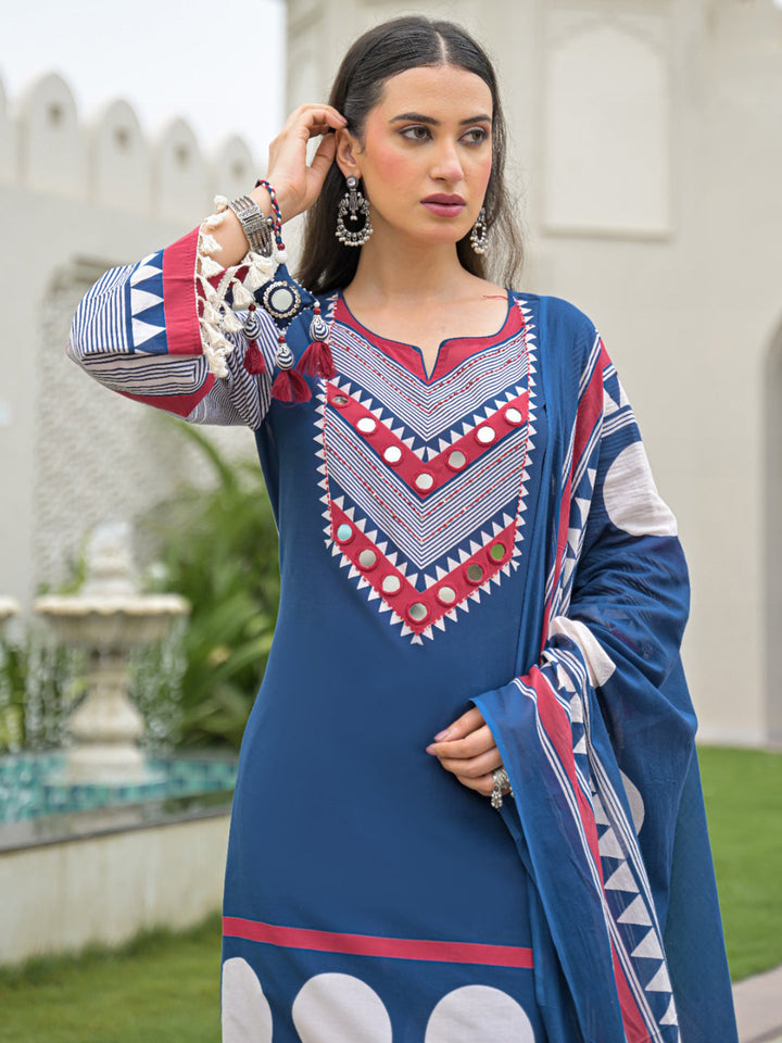 Blue Embroidered Cotton Blend Kurta With Pant &amp; Dupatta