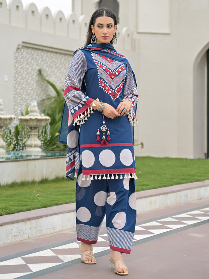 Blue Embroidered Cotton Blend Kurta With Pant &amp; Dupatta