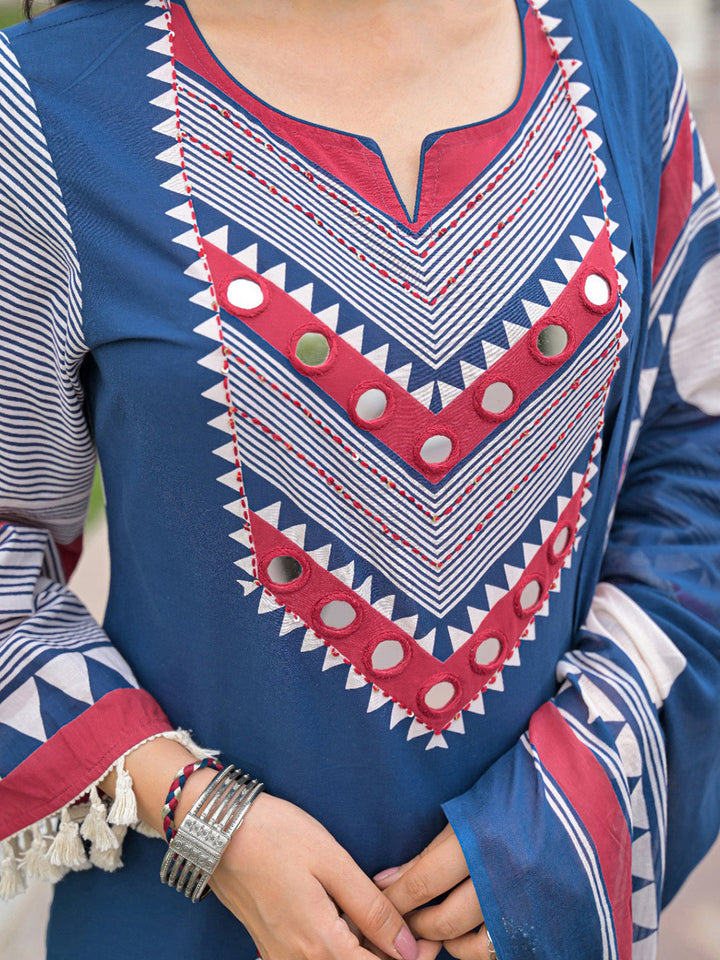 Blue Embroidered Cotton Blend Kurta With Pant &amp; Dupatta