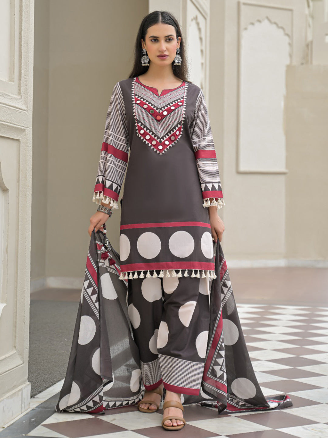 Grey Embroidered Cotton Blend Kurta With Pant &amp; Dupatta