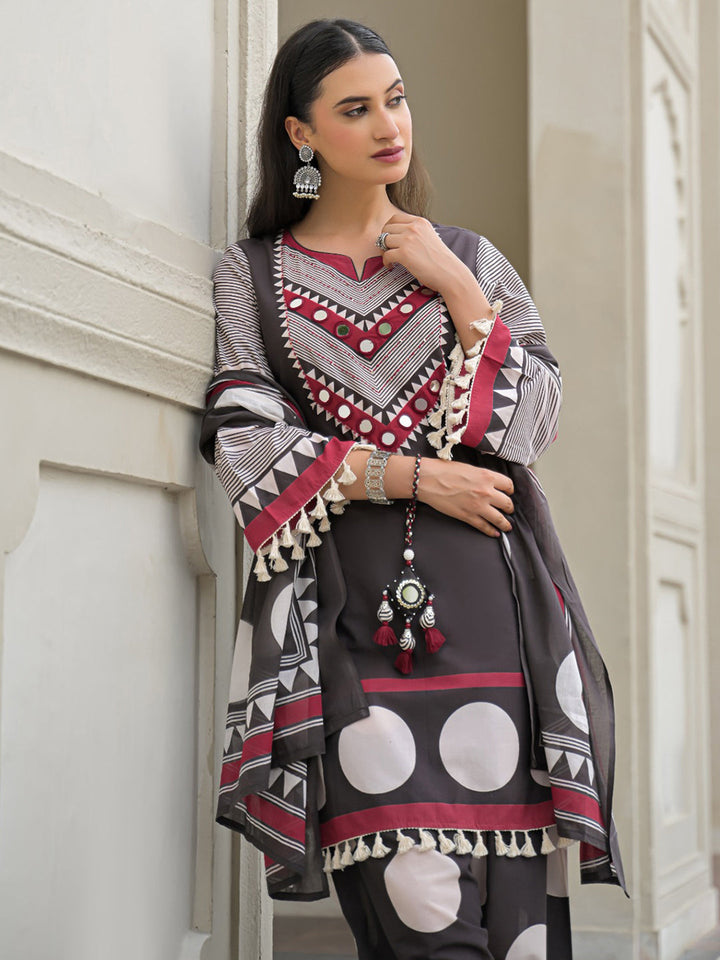 Grey Embroidered Cotton Blend Kurta With Pant &amp; Dupatta