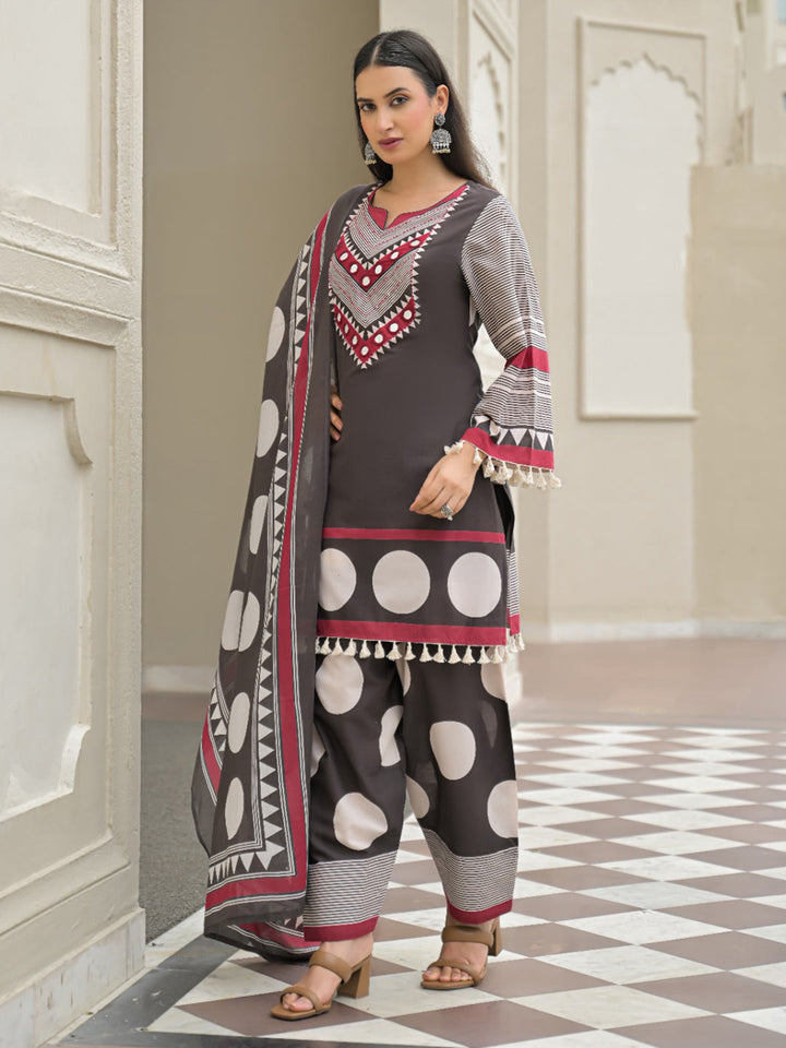Grey Embroidered Cotton Blend Kurta With Pant &amp; Dupatta