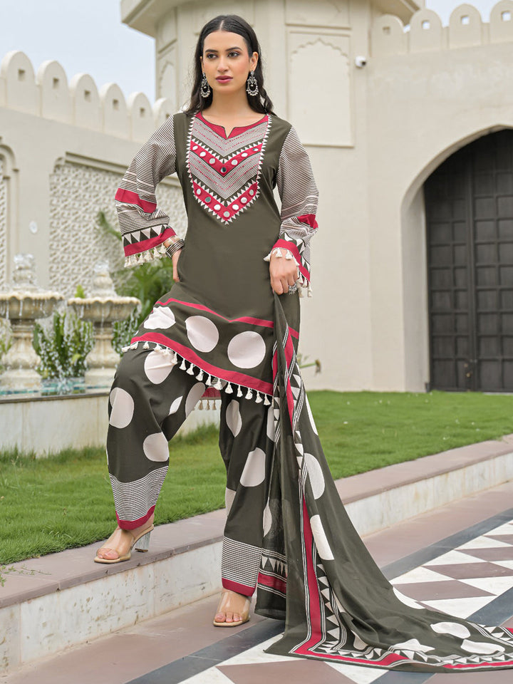 Mehndi Embroidered Cotton Blend Kurta With Pant &amp; Dupatta