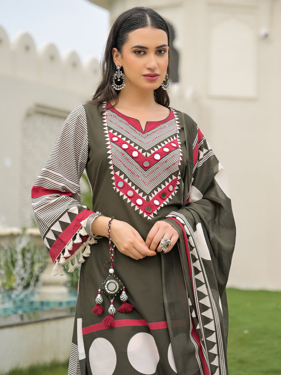 Mehndi Embroidered Cotton Blend Kurta With Pant &amp; Dupatta