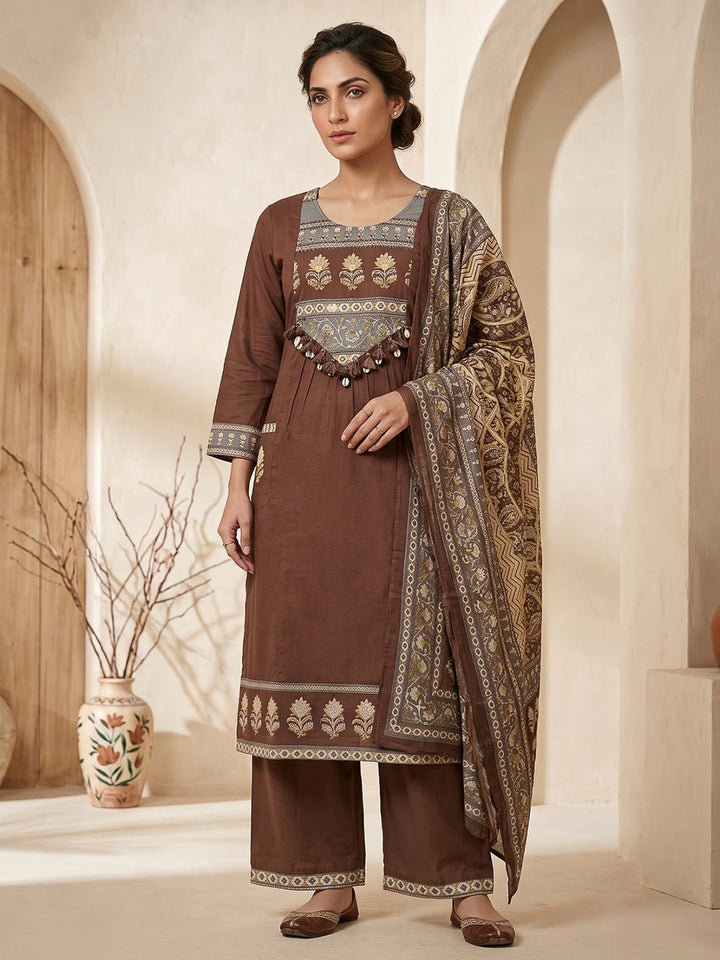 Brown Printed Cotton Blend Kurta With Pant &amp; Dupatta