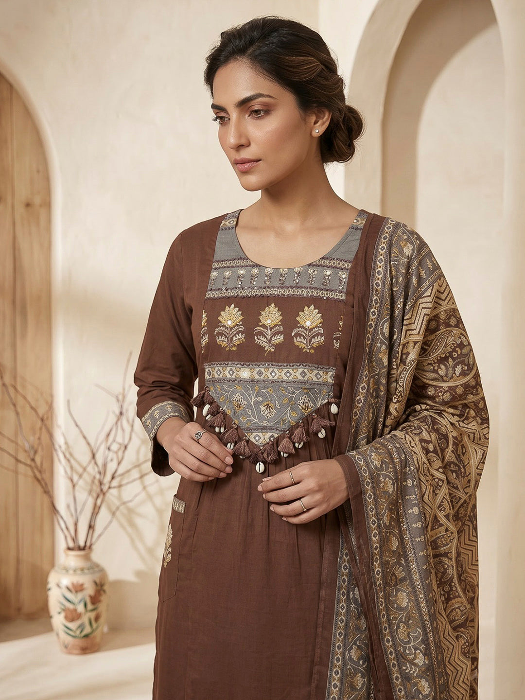 Brown Printed Cotton Blend Kurta With Pant &amp; Dupatta