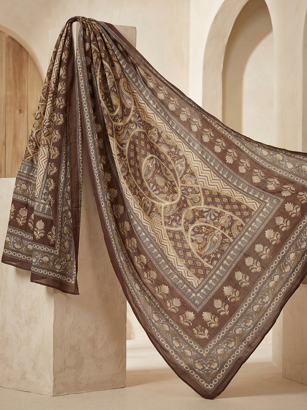 Brown Printed Cotton Blend Kurta With Pant &amp; Dupatta