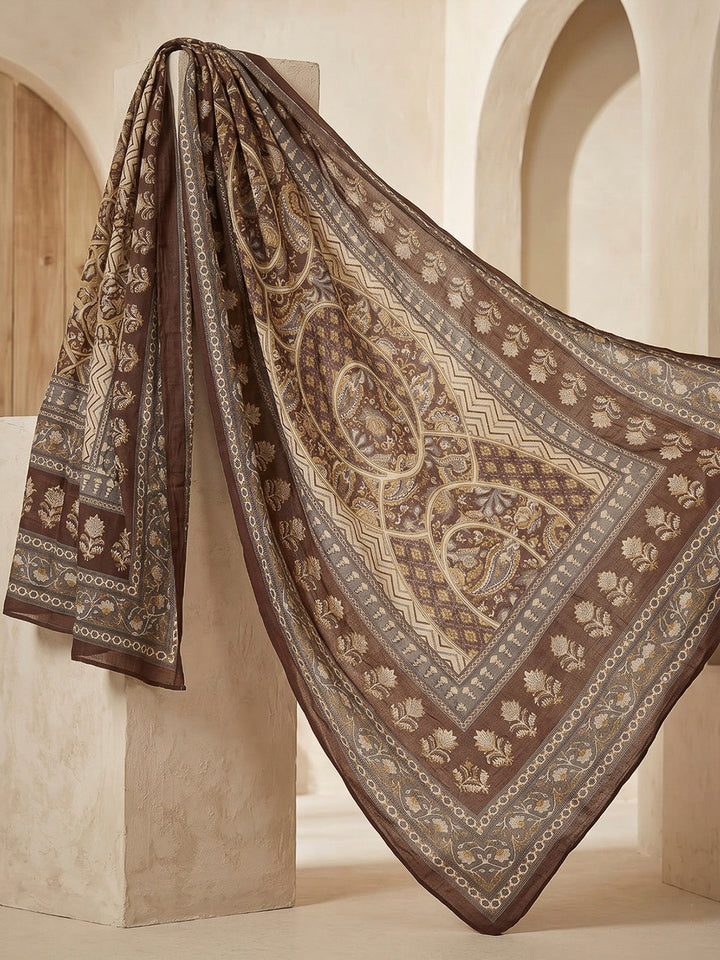 Brown Printed Cotton Blend Kurta With Pant &amp; Dupatta