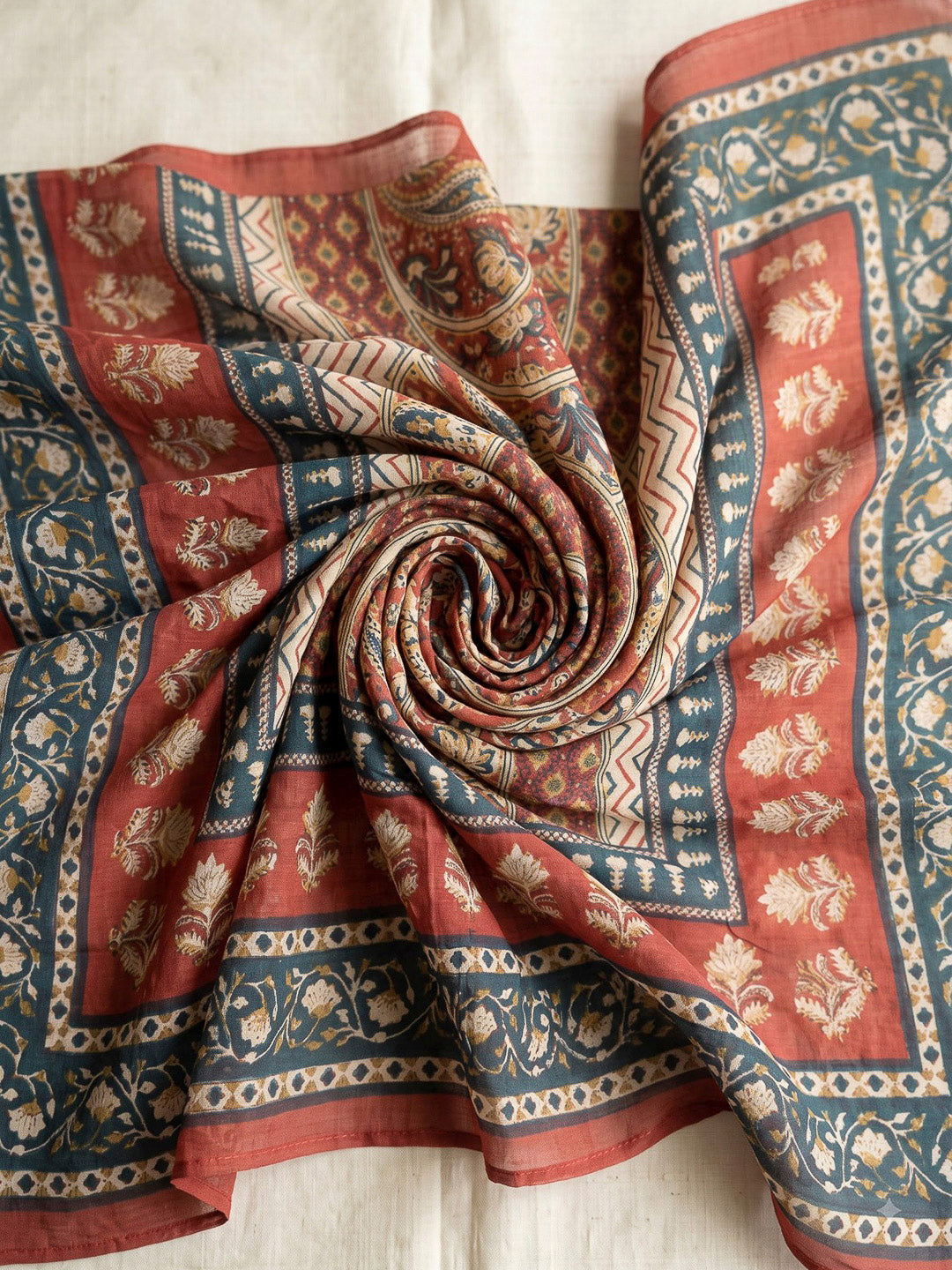 Red Printed Cotton Blend Kurta With Pant &amp; Dupatta