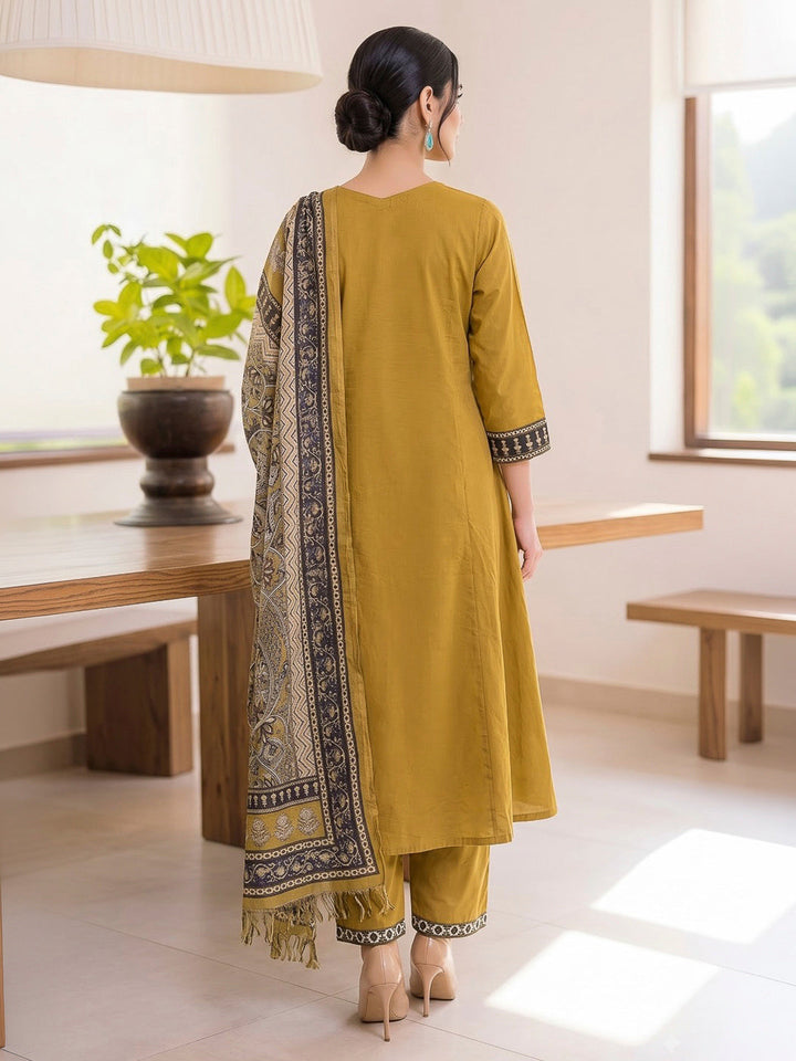 Yellow Printed Cotton Blend Kurta With Pant &amp; Dupatta