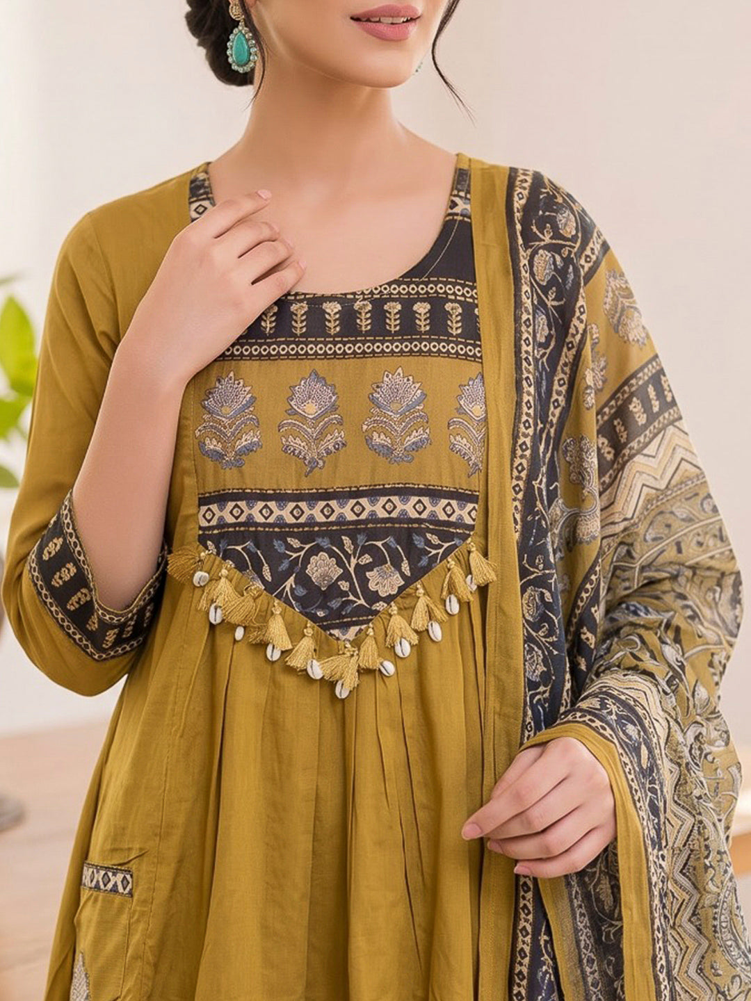 Yellow Printed Cotton Blend Kurta With Pant &amp; Dupatta