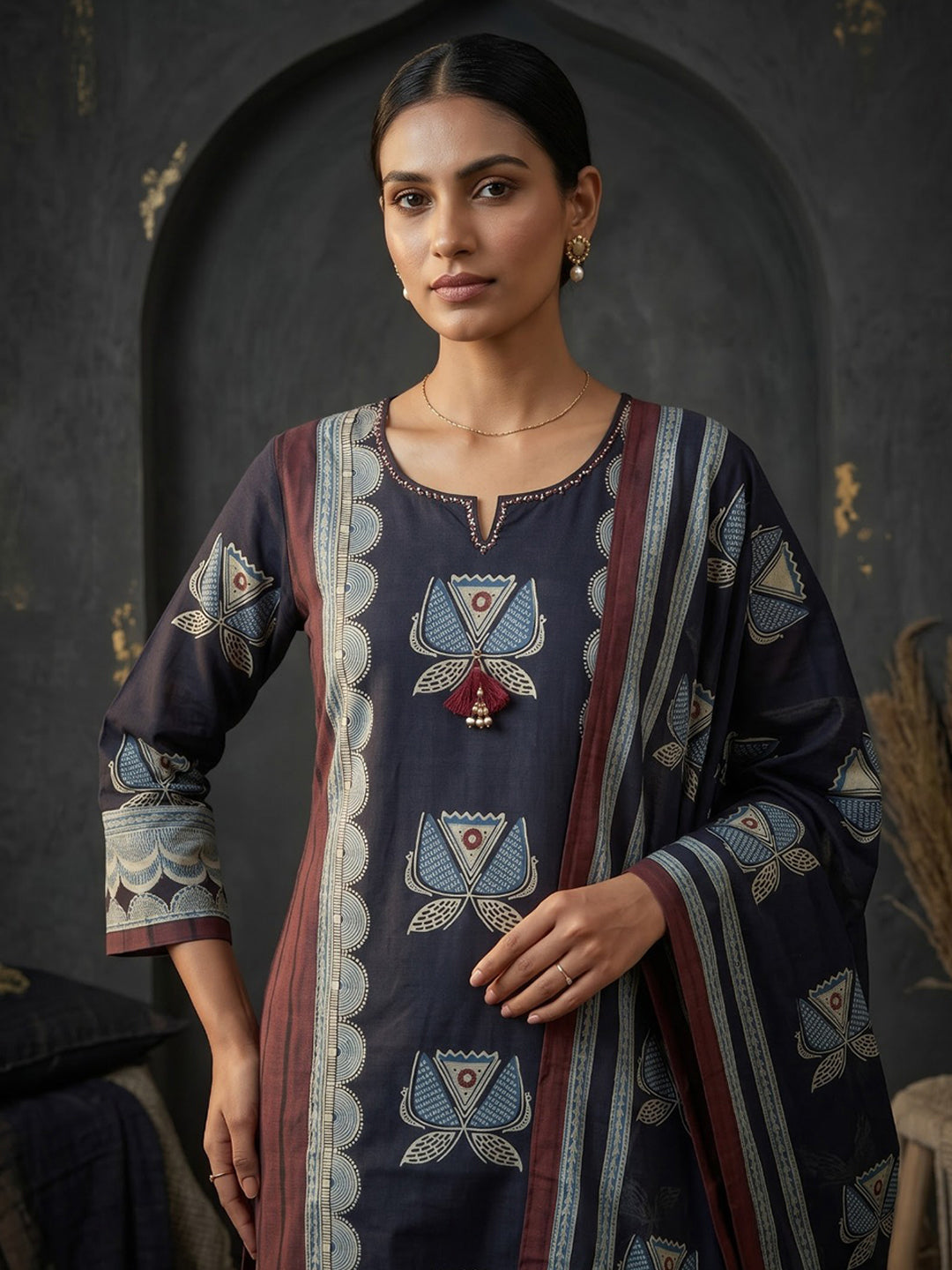 Black Embroidered Cotton Blend Kurta With Pant &amp; Dupatta