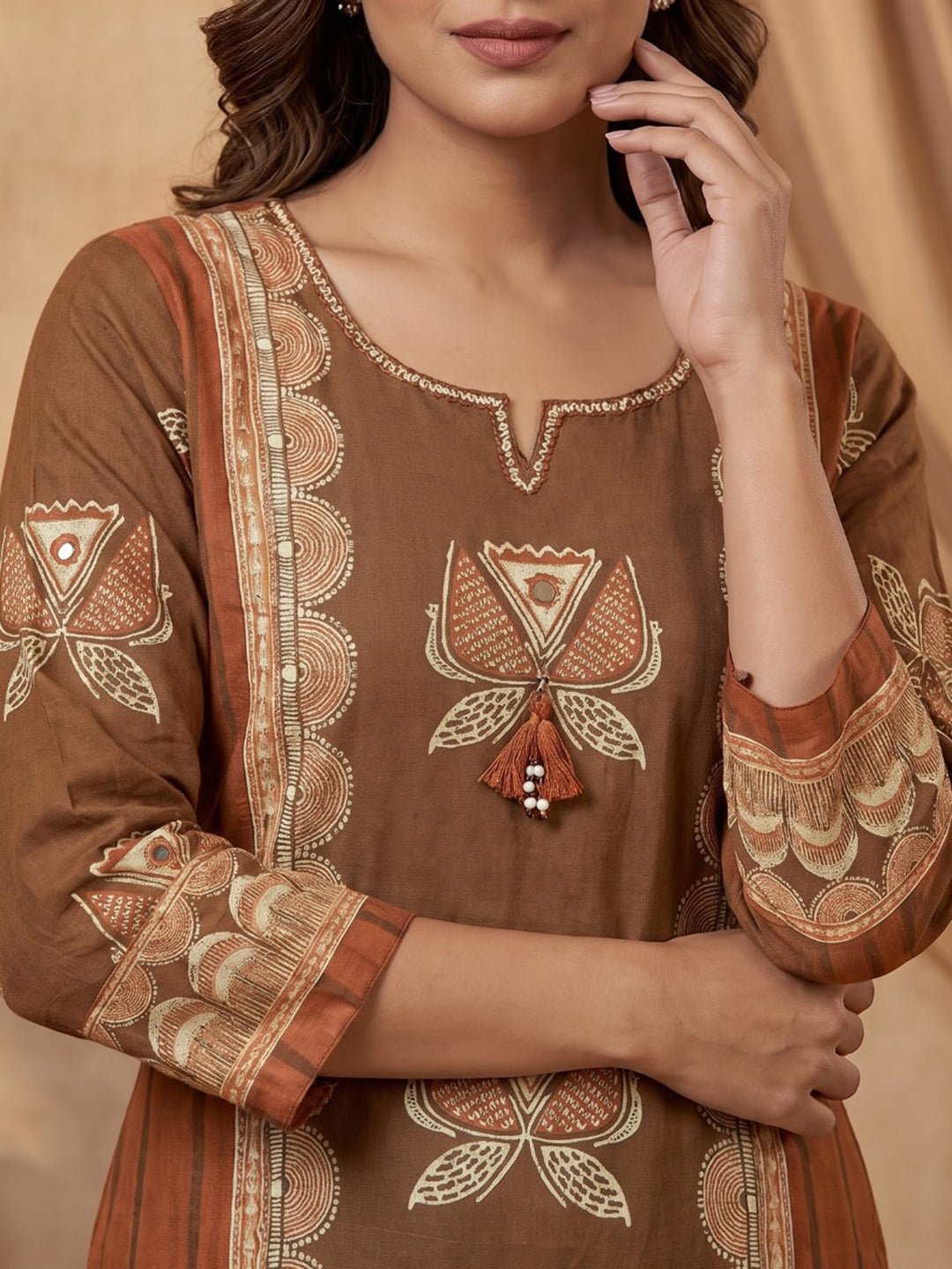 Brown Embroidered Cotton Blend Kurta With Pant &amp; Dupatta