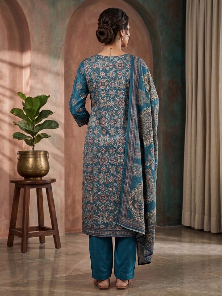 Blue Embroidered Art Silk Kurta With Pant &amp; Dupatta