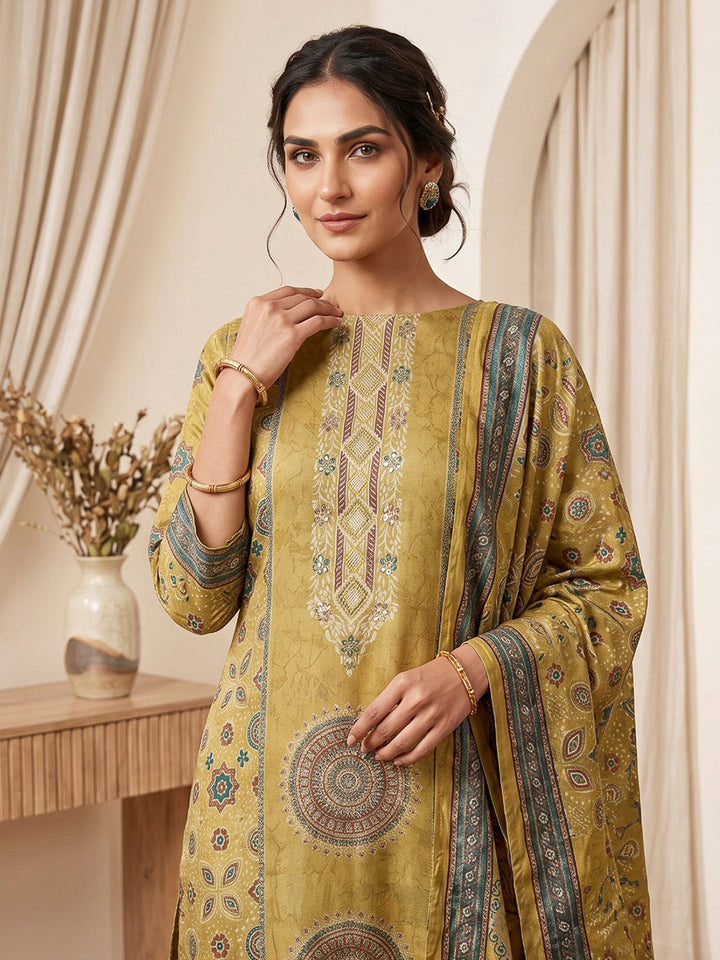 Mustard Embroidered Art Silk Kurta With Pant &amp; Dupatta