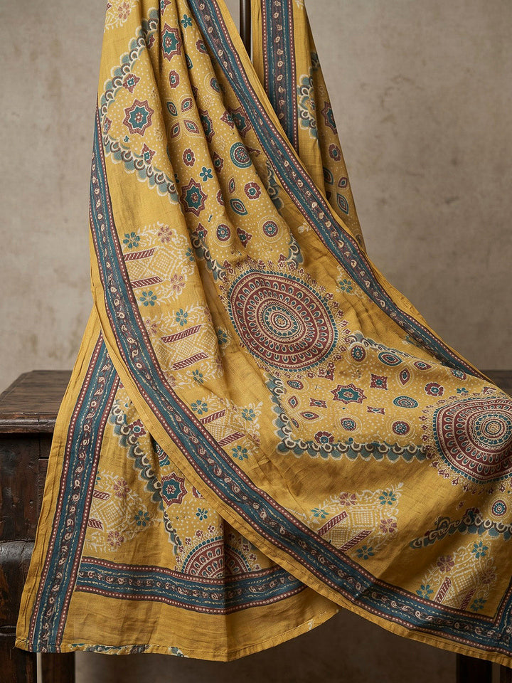 Mustard Embroidered Art Silk Kurta With Pant &amp; Dupatta