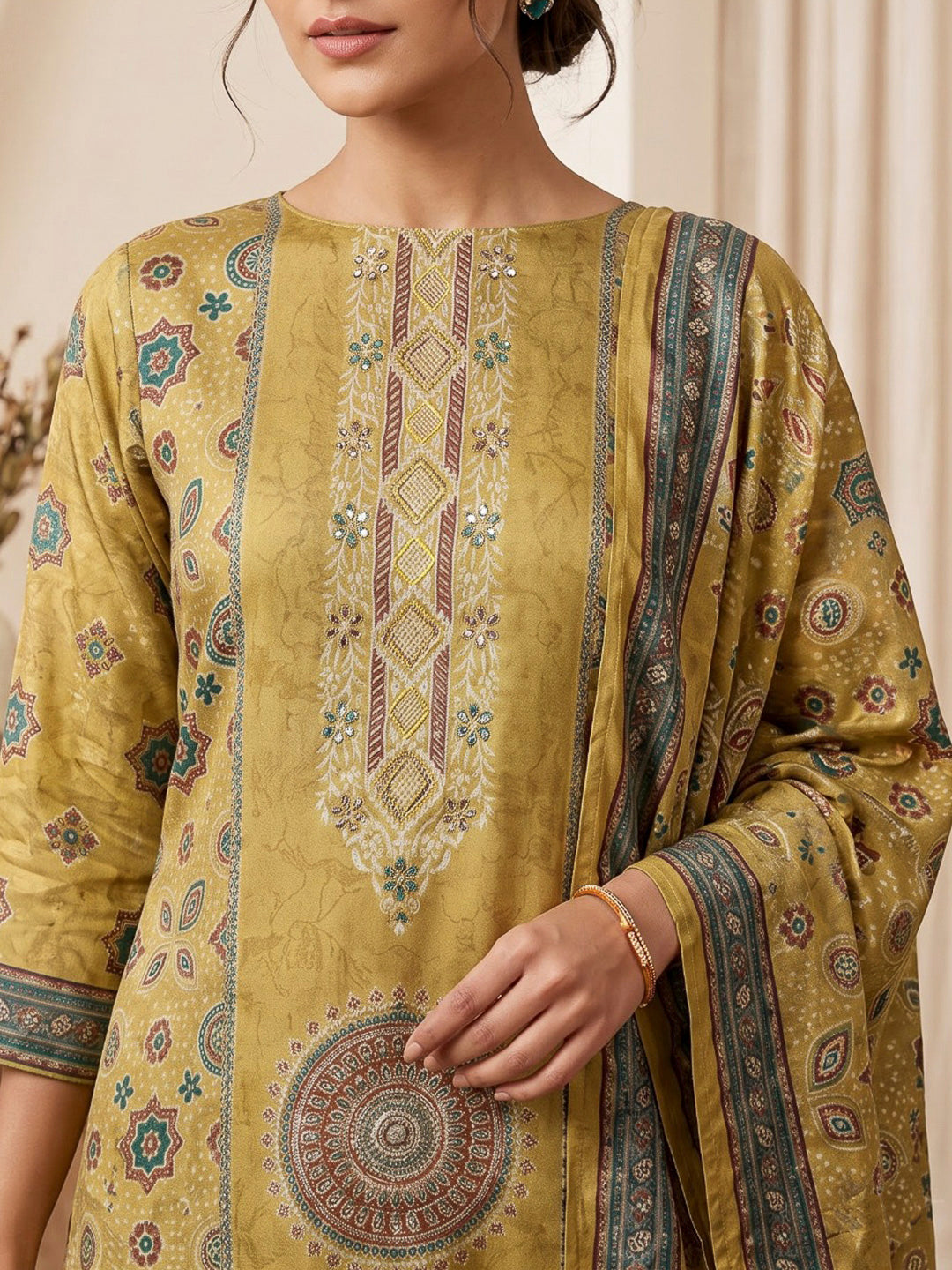 Mustard Embroidered Art Silk Kurta With Pant &amp; Dupatta