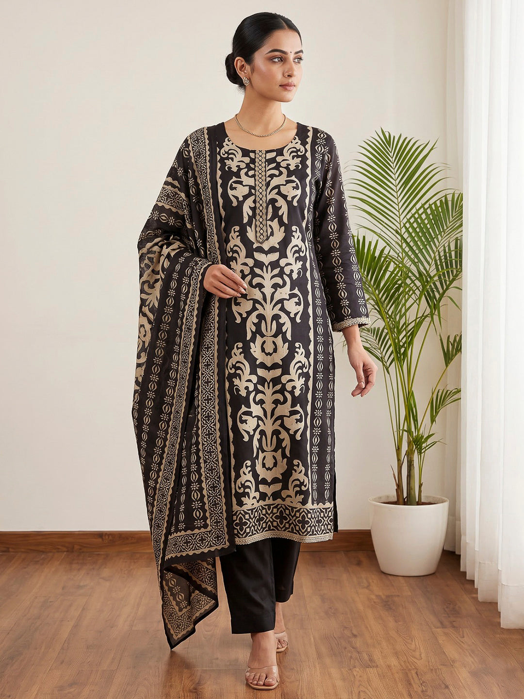 Black Printed Cotton Blend Kurta With Pant &amp; Dupatta