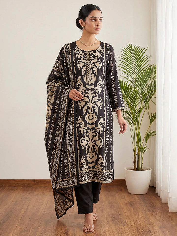 Black Printed Cotton Blend Kurta With Pant &amp; Dupatta